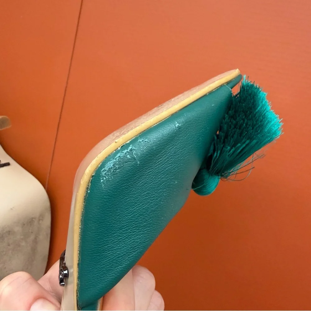 Ukrainian Designer Handmade Green Leather Heels with Tassel Bow Detail - Picture 6 of 8